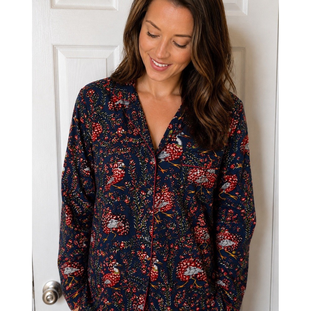 Printfresh Pajama Top Sz M Queen Lotus Bird Floral Cotton Button Front Shirt